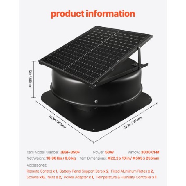 VEVOR Ηλιακός Ανεμιστήρας Εξαερισμού Σοφίτας 50W με Έξυπνο Θερμοστά...