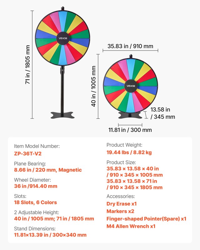 VEVOR Τροχός Τύχης 36 με Ρυθμιζόμενο Ύψος, 18 Θέσεις, Εύκολη Συναρμ... VEVOR Τροχός Τύχης 36 με Ρυθμιζόμενο Ύψος, 18 Θέσεις, Εύκολη Συναρμ...