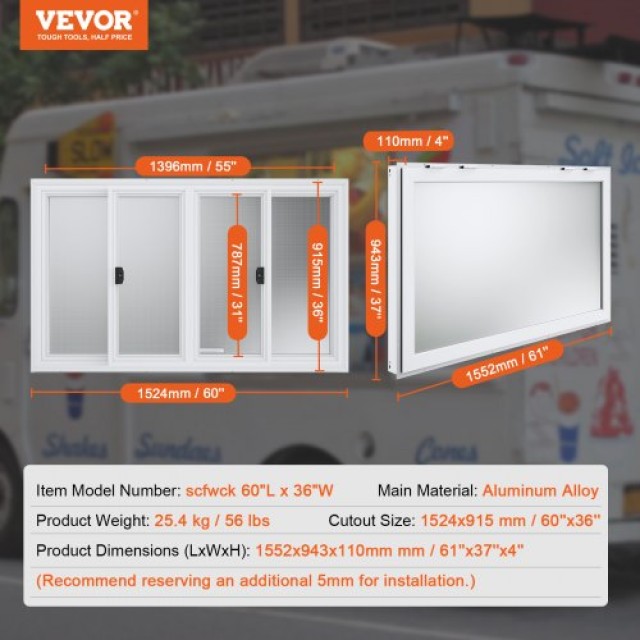 Παράθυρο Εξυπηρέτησης VEVOR 60x36 για Καντίνα/Φορτηγό Φαγητού με Τέ...