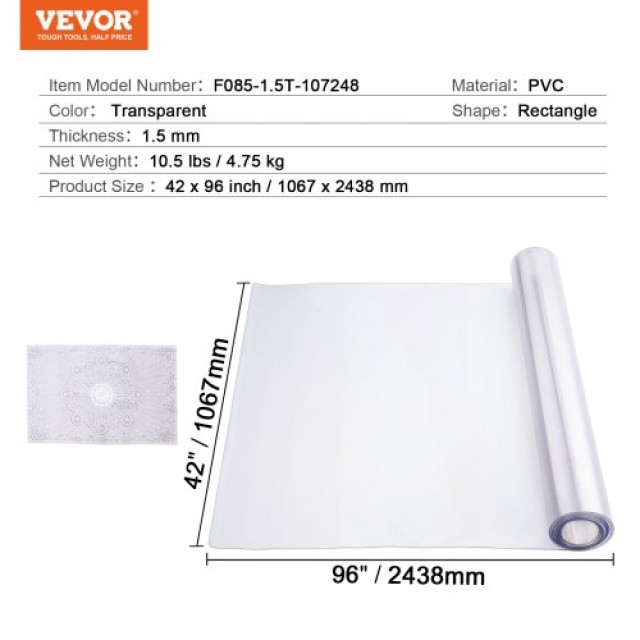 Διαφανές Προστατευτικό Τραπεζιού VEVOR 42x96 εκ. 1.5mm  ZFXPVCZB42X...