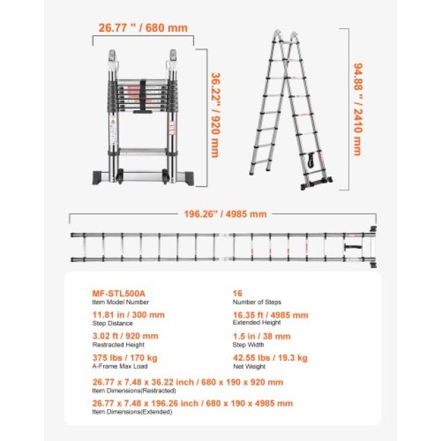VEVOR Σκάλα Τηλεσκοπική Ανοξείδωτη 16.5 ft Επέκτασης AZXSSTTNLSLKAO...
