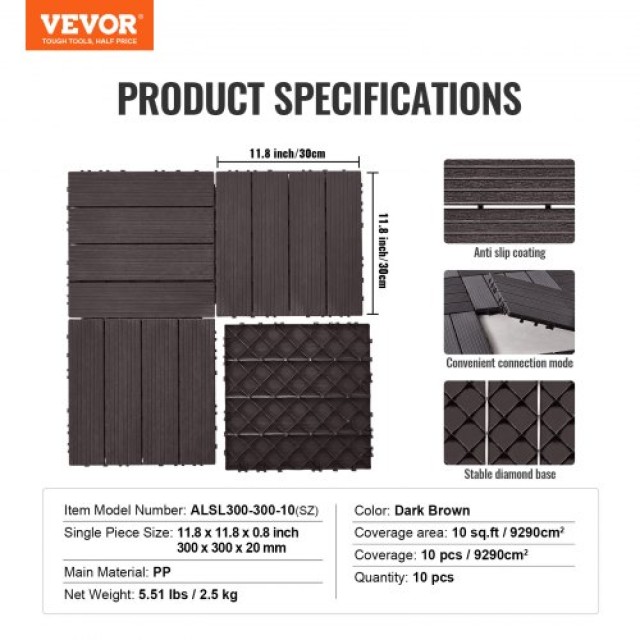 VEVOR  Σετ 10 Αδιάβροχων Πλακιδίων Δαπέδου 12x12 για Βεράντα Σκούρο...