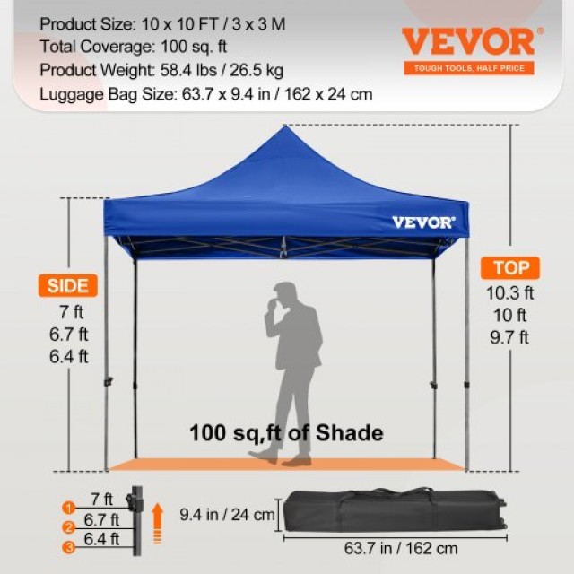 Τέντα VEVOR 3x3m με Αποσπώμενα Πλευρικά και Τροχήλατη Τσάντα, Μπλε  DCSLTZP1010FTHPWAV0