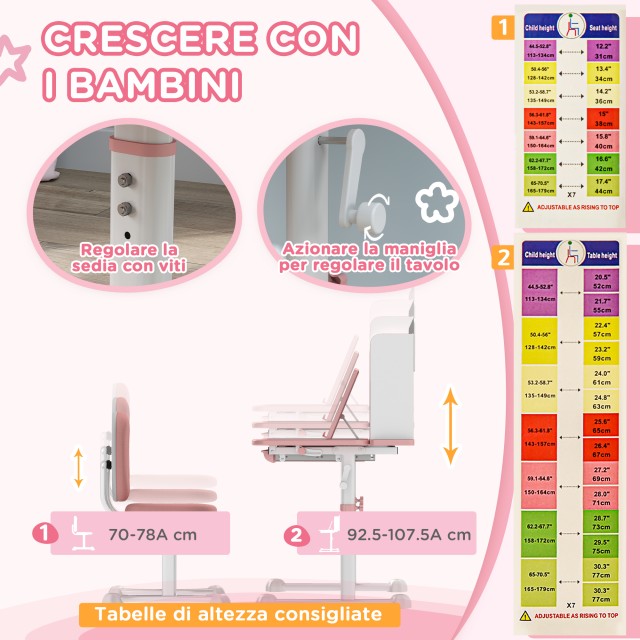 AIYAPLAY  Σετ Γραφείο και Καρέκλα για Παιδιά Ρυθμιζόμενα, Σχολικό Θρανίο με Κλίση Επιφάνειας, Συρτάρι, Ράφι, Ροζ  312-124V80PK
