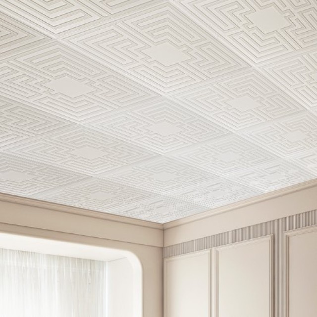 Σετ 12 Λευκών Πλακιδίων Οροφής VEVOR 24x24 εκ από PVC με Σχέδιο Echo - Εύκολη Εγκατάσταση  THBZPVCB12J29DDRKV0