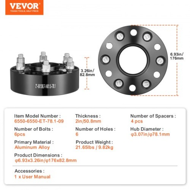 VEVOR Αποστάτες Τροχών 2 6x5.5 6 Λαμών, Σετ 4, Μαύρο  LSSFLP2YC6X57ERXKV0