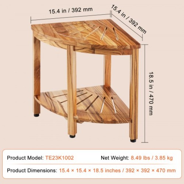 Γωνιακό Σκαμπό Ντους VEVOR από Τικ, 47cm Ύψος, 100% Ξύλο Τικ, Ανθεκτικό στη Μούχλα, 227kg, με Ράφι Αποθήκευσης  CWDYM155INCHU2J0YV0