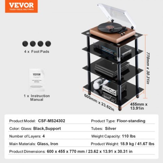 VEVOR 4-Επίπεδη Βάση AV με Ενισχυμένο Γυαλί για Ήχο/Βίντεο  YPSBFZJLDS4CAYKCWV0