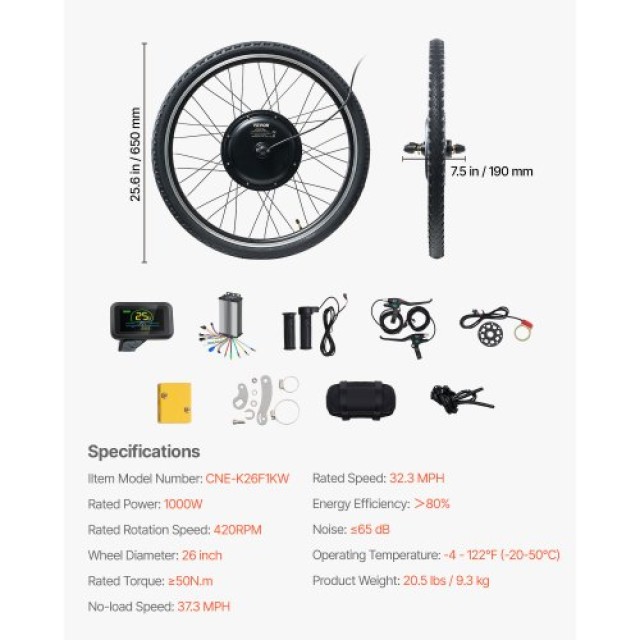 VEVOR  Κιτ Μετατροπής Ηλεκτρικού Ποδηλάτου 1000W 48V 26 Μπροστινός Τροχός  LGDJTJ1000WHAQTLUV9