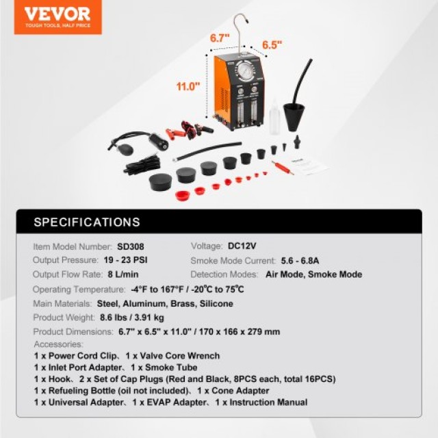 VEVOR Ανιχνευτής Διαρροών Καπνού Αυτοκινήτου με Ενσωματωμένη Αντλία...