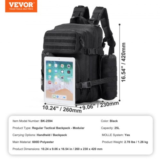 VEVOR  Στρατιωτικό Σακίδιο 25L με Molle & 3 Θήκες ZSBBMKSHS25LHB7THV0