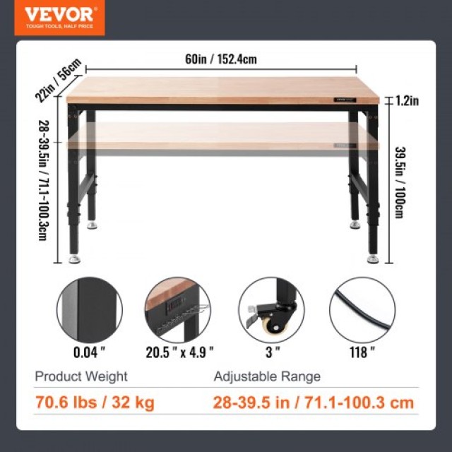 VEVOR  Πάγκος Εργασίας με Πρίζα 71.1-100.3cm GZZS60X22INCHY46FV2