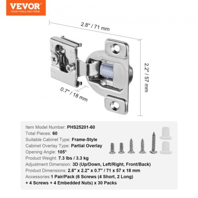 VEVOR  Μεντεσέδες Ντουλαπιών 60τμχ Μερικής Επικάλυψης Soft Close για Πλαισιωμένο Τύπο MSCJJL60JKJSH154JV0