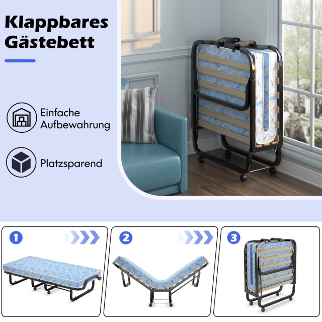 Costway Πτυσσόμενο Κρεβάτι με Πολυτελές Στρώμα Μνήμης & Ρόδες 110 k...