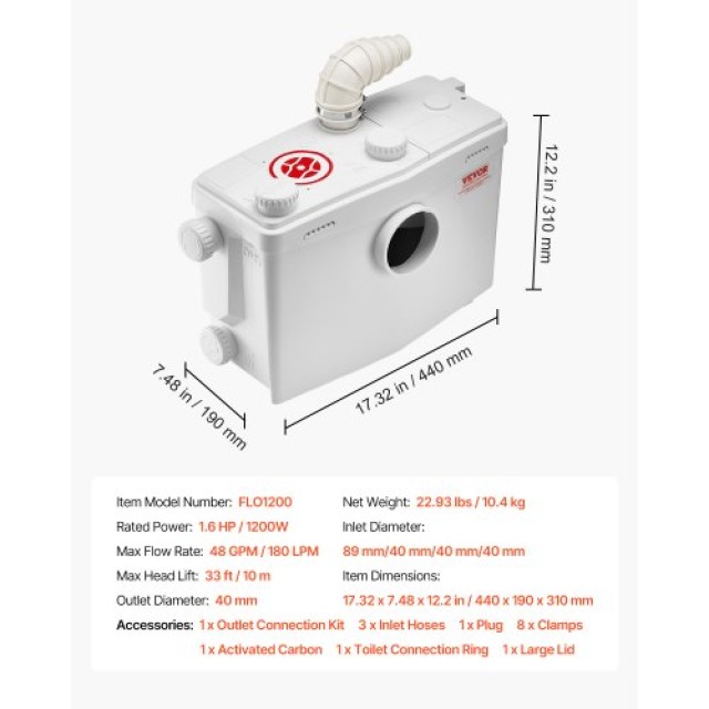 VEVOR Αντλία Μακερατέρ 1200W για Τουαλέτα και Νιπτήρα Υπογείου MTJZ...