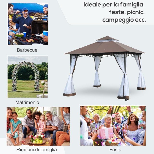 Outsunny Garden Gazebo 3x3m με κουνουπιέρα, πολυεστερική κατασκευή στέγης 2 επιπέδων σε καφέ μέταλλο 84C-010CF