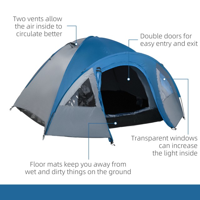 Σκηνή Camping Outsunny 4 ατόμων με τσέπες και γάντζο, από πολυεστέρα και υαλοβάμβακα, 3x2,50x1,30 m, μπλε A20-055