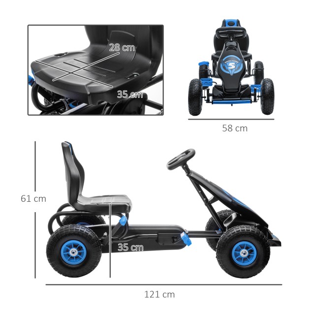 HOMCOM Pedal Go Kart για παιδιά από 5-12 ετών με ρυθμιζόμενο κάθισμα και φουσκωτούς τροχούς, μπλε 370-256V00BU