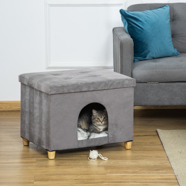 PawHut Cat House Pouf Σκαμπό ποδιών με επένδυση με αφαιρούμενο και πλενόμενο μαξιλάρι, γκρι D30-522