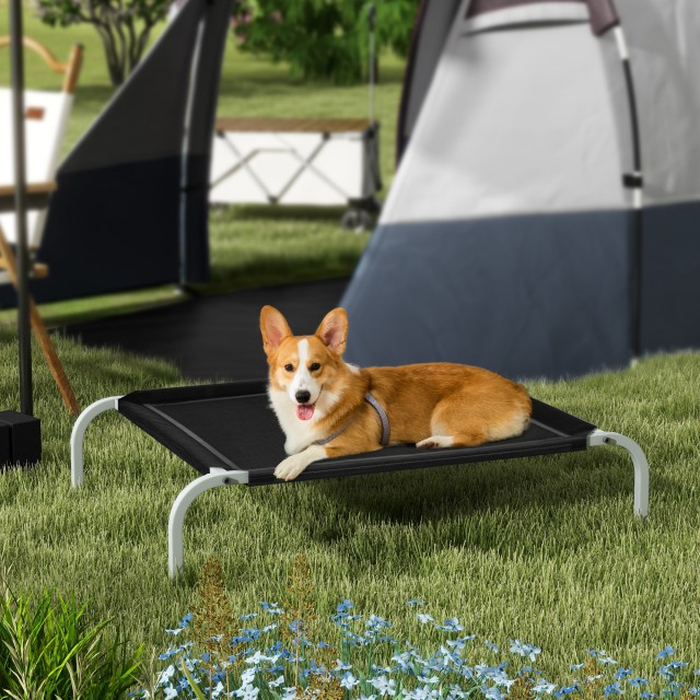 Κρεβάτι PawHut Raised Dog με αναπνεύσιμο κάθισμα, από μέταλλο και ύφασμα, 90x65x20 cm, μαύρο και ασημί D04-064V01BK