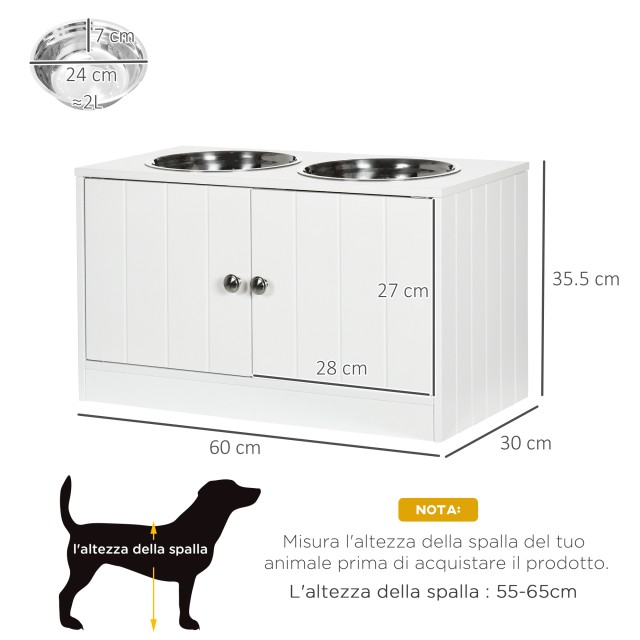 PawHut Raised Dog Bowls με Ντουλάπι 44L και 2 Ατσάλινα Μπολ, 60x30x35,5cm, Λευκό D08-040V00WT