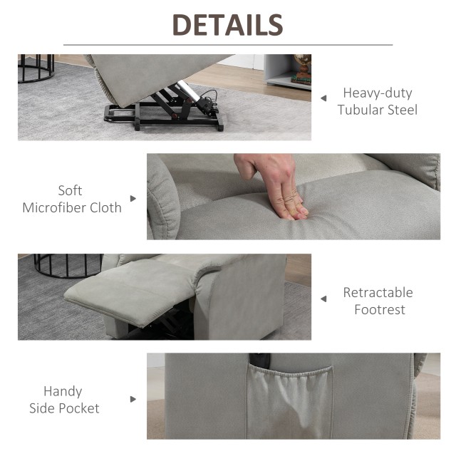 HOMCOM Lift Chair Ανακλινόμενη 150° max με τηλεχειριστήριο και υποπόδιο, 75x93x110 cm, Γκρι 713-082V91LG