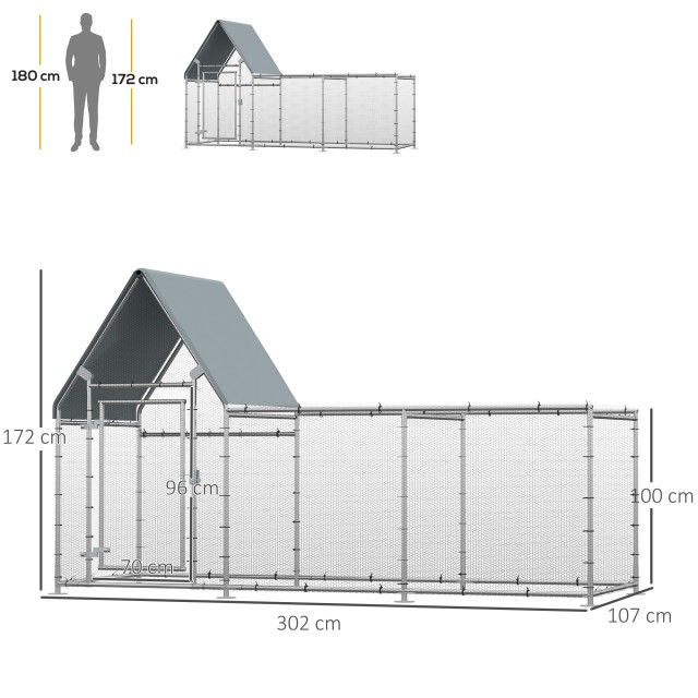 PawHut Galvanized Steel Chicken Run με κάλυμμα Oxford, 302x107x172cm, Ασημί D51-272V01