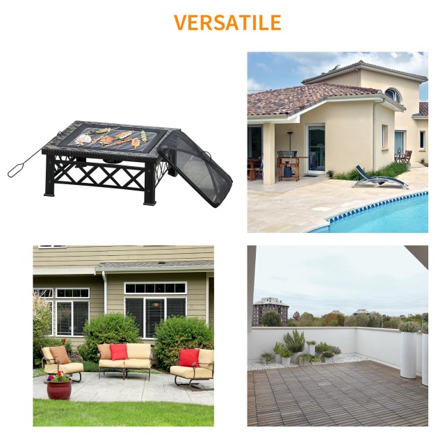Outsunny Garden Fire Pit με καπάκι σπινθήρα και μεταλλική ψησταριά 76x76x47cm Μαύρο 842-170