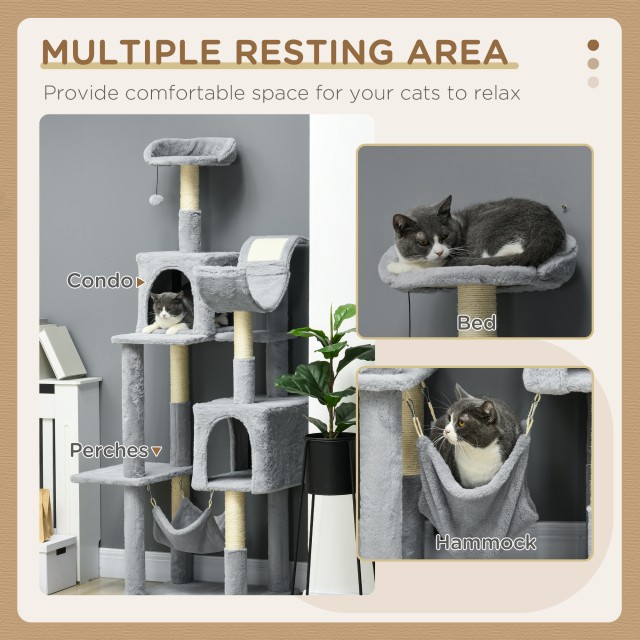 PawHut Cat Tree με αιώρα, κρεβάτι και 2 σπίτια, σε μοριοσανίδα και βελούδινο, 55x49x177 cm, γκρι και λευκό D30-741V00GY