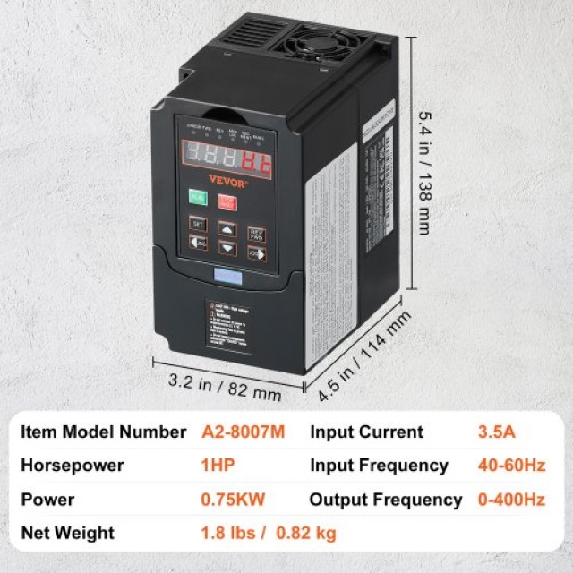 VEVOR VFD 1HP 0.75KW 3.5A 220V Είσοδος 1/3 Φάσεων, Έξοδος 3 Φάσεων 0-400Hz  BPQDQ075KW22HSLPSV7