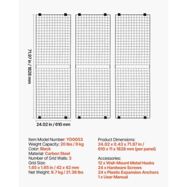 VEVOR 3 Σετ Τοίχου Grid, Μαύρο Ατσάλι BGWGQ7080INC1MICW001V0