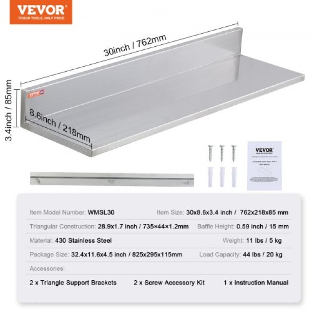 Ράφι Ανοξείδωτο VEVOR 8.6 x 30, Επιτοίχιο με Πλάτη, 20kg, Επαγγελματικό για Εστιατόρια, Κουζίνες, Μπαρ, Σπίτια, Ξενοδοχεία  BGSCTTLL86302L4L7V0