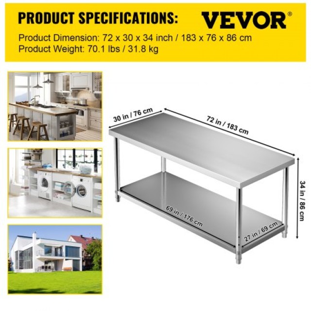 VEVOR Ανοξείδωτο Τραπέζι Προετοιμασίας, 72x30x34, 550lbs, Ρυθμιζόμενο Ράφι, Επαγγελματικός Σταθμός Εργασίας  J72X30X34INCHUU20V0