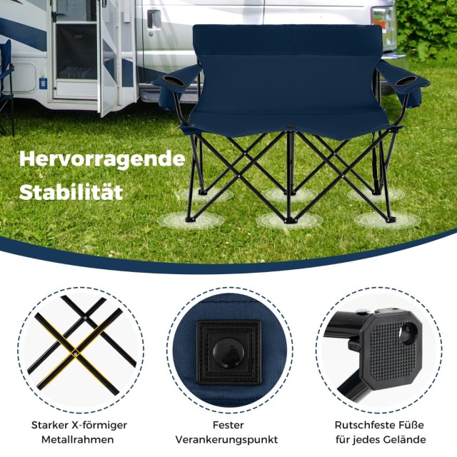 Costway Διθέσια Καρέκλα Camping 132x66x96 cm με Υψηλή Πλάτη και Πλατιά Μπράτσα & Τσάντα Μεταφοράς Μπλε NP12404BL