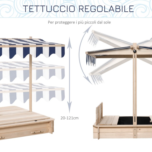 Outsunny Sandpit για Παιδιά σε Ξύλο με Αντηλιακό, Πάγκο και Καπάκι, 106x106x121cm Λευκό και Μπλε 343-029