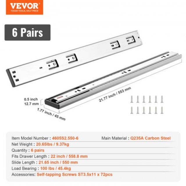 VEVOR 6 Ζεύγη Συρόμενων Οδηγών 558.8mm, Βαρέως Τύπου, Αθόρυβοι με Απαλό Κλείσιμο, 100 Lbs Φορτίο  CZCJCTDG100LF91G5V0