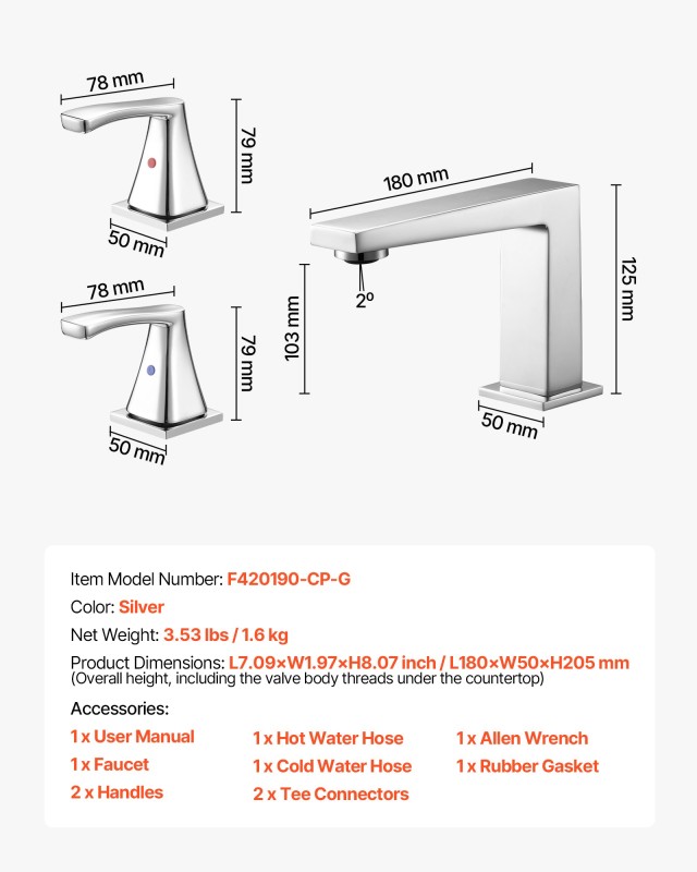 VEVOR Αναμεικτήρας Ρωμαϊκής Μπανιέρας, Ασημί, 7.09 x 1.97 x 8.07 ίν...