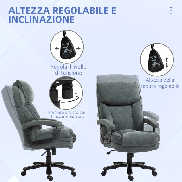 HOMCOM  Ενισχυμένη Καρέκλα Γραφείου με Χωρητικότητα 200kg, Περιστρεφόμενη και Κεκλιμένη με Βελούδινο Ύφασμα, Γκρι  921-742V00GY
