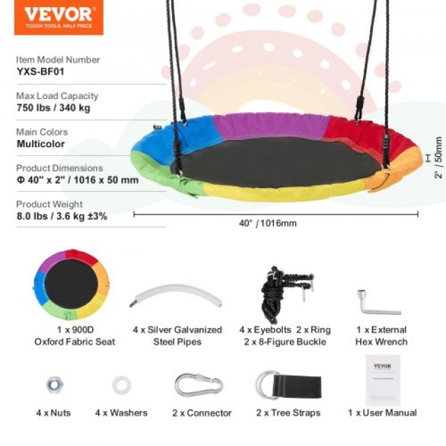 Κούνια Δέντρου VEVOR 40 Στρογγυλή 750lbs 900D Οξφόρδη Πολύχρωμη  CS...