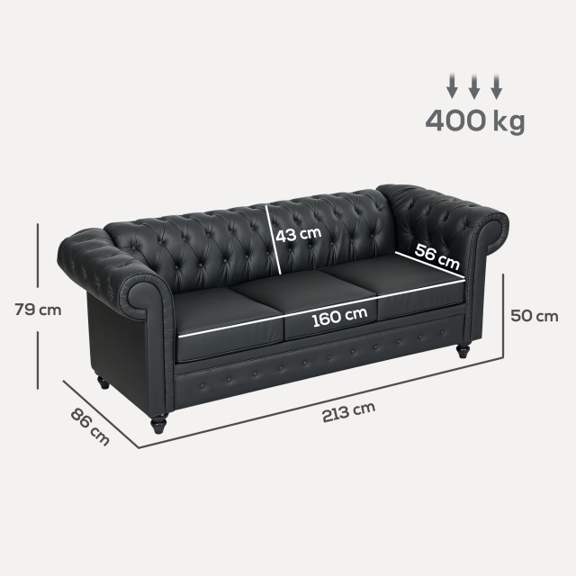 HOMCOM Τριθέσιος Καναπές Στυλ Chesterfield Καπιτονέ με Ενσωματωμένα Ελατήρια, Συνθετικό Δέρμα, 213x86x79 εκ., Μαύρο 83B-246V00BK