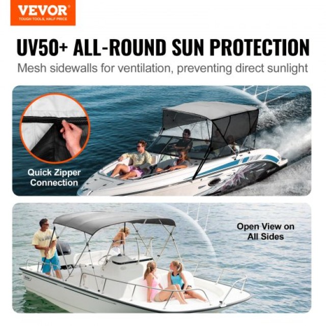 VEVOR 4 Bow Bimini Top Σκίαστρο Σκάφους, Αποσπώμενα Πλέγματα, 600D Πολυεστέρας με Σκελετό Αλουμινίου, Περιλαμβάνει Θήκη Αποθήκευσης, 2 Υποστηρικτικές Ράβδοι, 2 Ιμάντες, 8L x 54H x 91-96W, Ανοιχτό Γκρι  4GCYZYPDCL8LDA81UV0