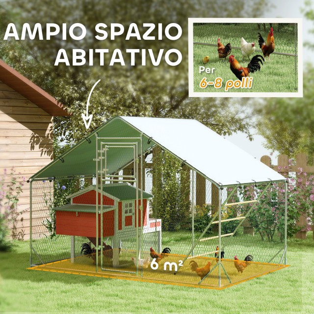 PawHut  Περίβλημα για Κότες 6m² για 6-8 Ζώα με Αδιάβροχη Στέγη, Τροφοδότη και Κούρνια, 3x2x1.9m, Ασημί  D51-436V00SR