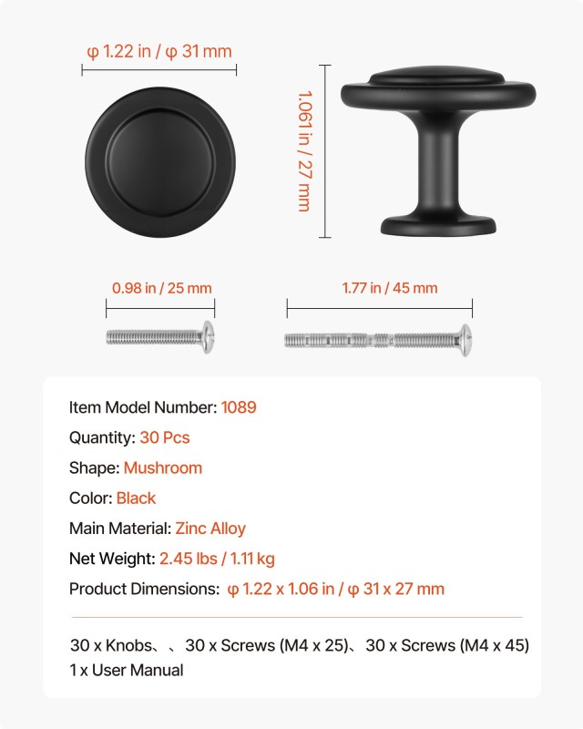 VEVOR Μανιτάρια Μαύρα Χερούλια Ντουλαπιών Ø31 x 27 mm - Σετ 30 τεμα...