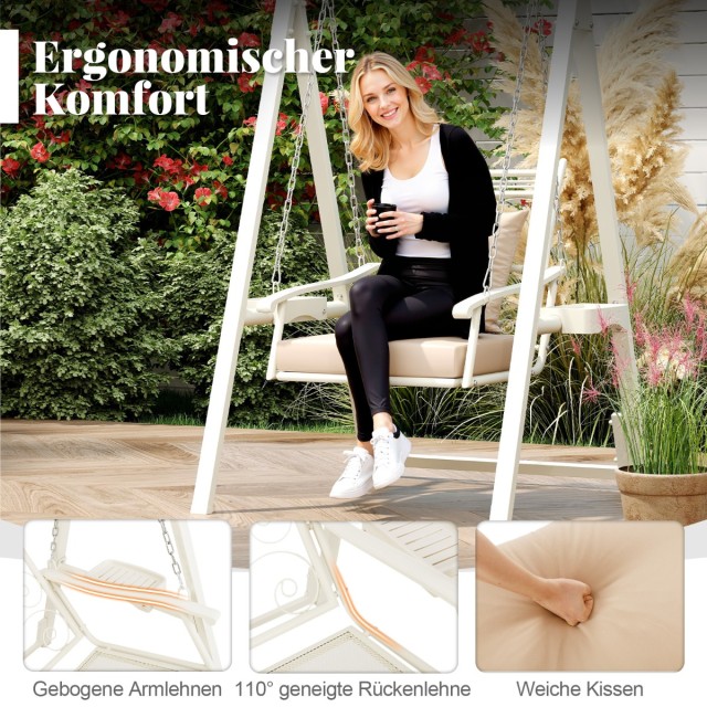 Costway  Λευκή Κήπου Κούνια με Μαξιλάρια & Πλαινά Τραπεζάκια – Ιδαν...