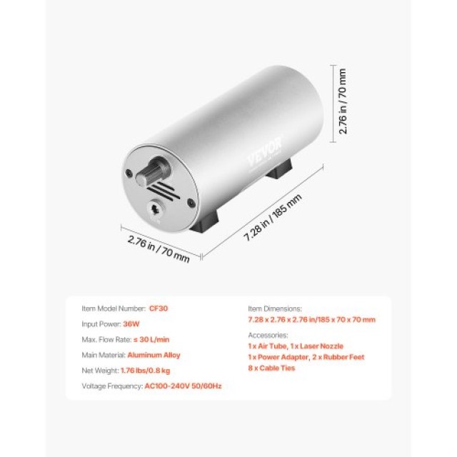 VEVOR Ρυθμιζόμενη Αντλία Αέρα 30 L/min για Λέιζερ Χαράκτη Κοπής ≥ 20W JGKQFZB30LMII69THV2