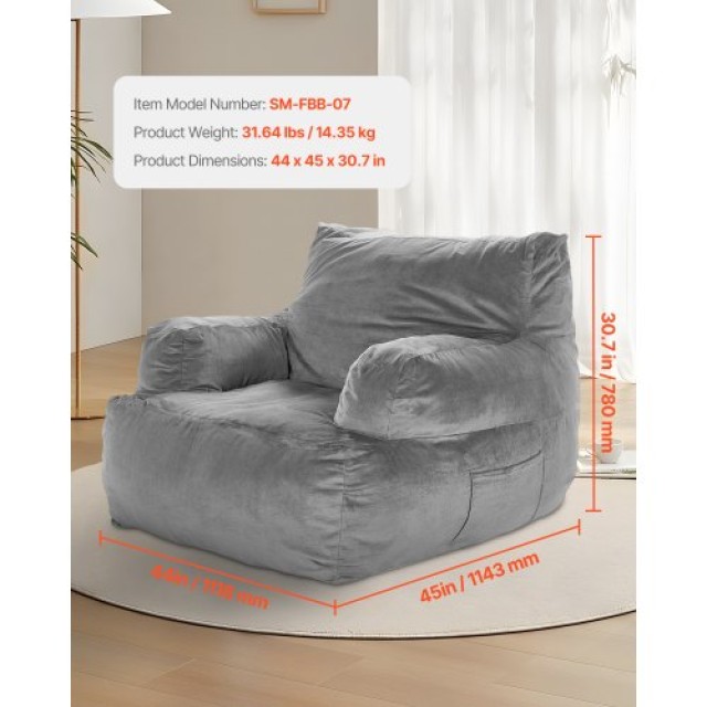 VEVOR Πολυθρόνα Bean Bag με Μπράτσα για Ενήλικες, Γκρι Βελούδο FSYXCRDDY45448AWFV0