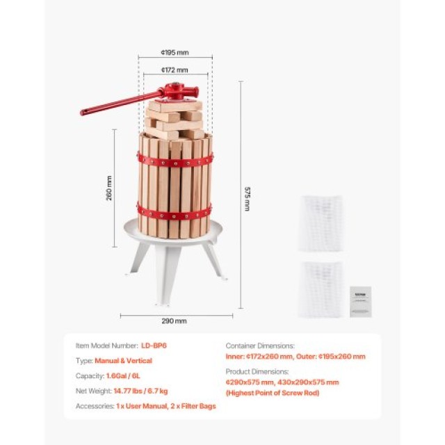 VEVOR Πρέσα Φρούτων Ξύλινη 6L για Παρασκευή Κρασιού GJYZJLSSM6LB7BMXAV0