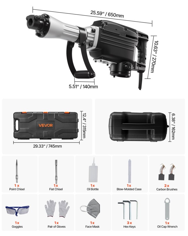 VEVOR Ισχυρό Ηλεκτρικό Κατεδαφιστικό Σφυρί 2800W, 1200 BPM, Διάστασ...