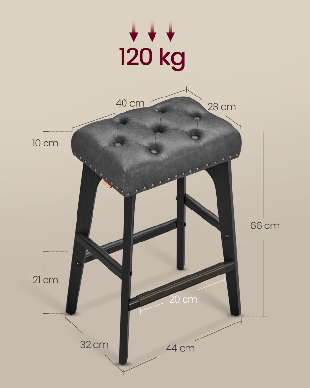 Σετ 2 Σκαμπό VASAGLE, Ύψος 66cm, Ξύλινα Πόδια, Μαύρο Δέρμα PU 