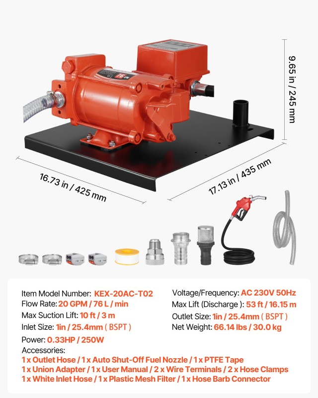 VEVOR Επαγγελματική Αντλία Μεταφοράς Καυσίμου 20 GPM (76 L/min), 23...